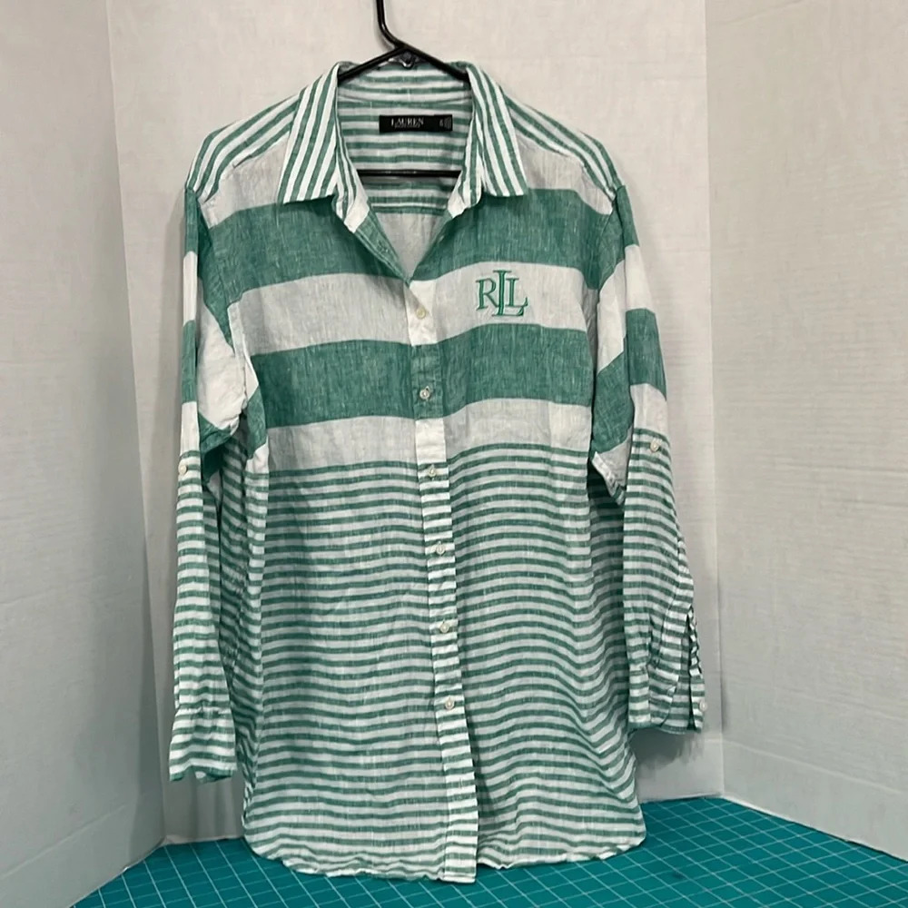 Ralph Lauren Teal Striped Oversize Beach 100% Linen Button Down Shirt Size 1X